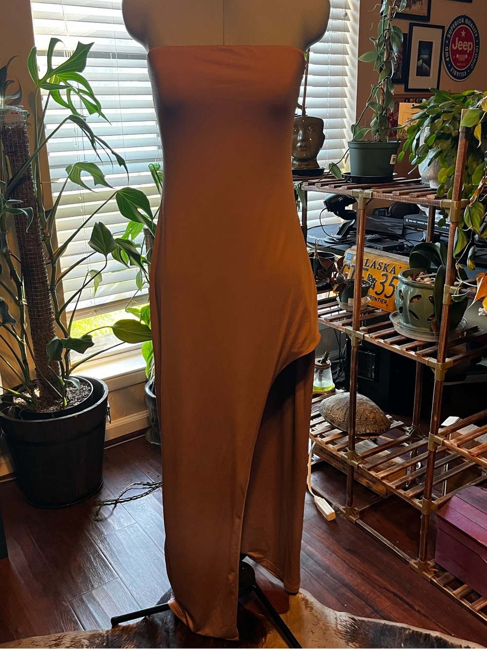 superdown Strapless Asymmetrical Maxi Dress in Brown